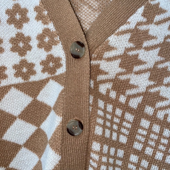 Derek Heart Brown White Long Sleeve button Down Cardigan Sweater Top Sz M - Picture 2 of 5